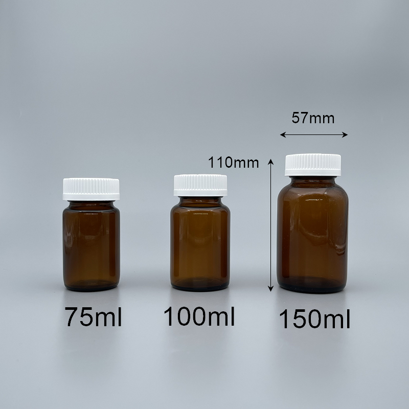 玻璃瓶 茶色 白安全蓋+封口紙 150ml