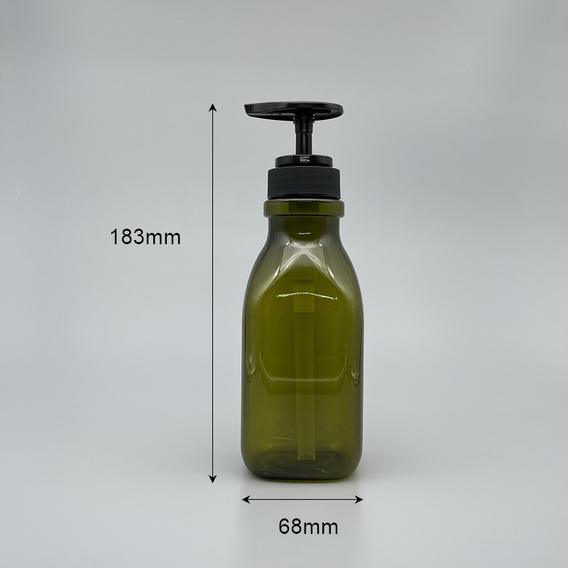 壓瓶 PETG 橄欖綠四角瓶 450ml 黑壓頭 ZY-084