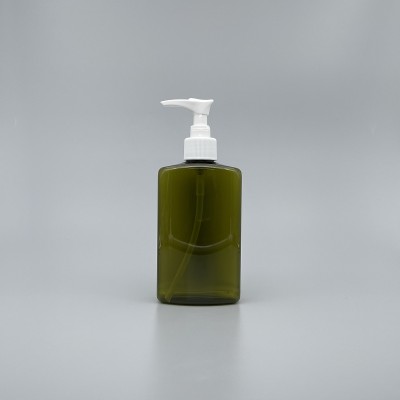 壓瓶 PETG 橄欖綠扁方瓶 250ml 白壓頭 ZY-008